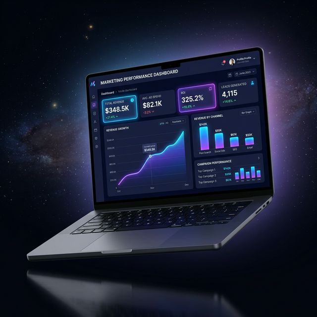 Marketing performance dashboard showing revenue growth and campaign analytics